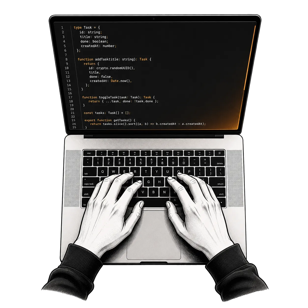 Top-down illustration of hands typing on a laptop with code on screen.